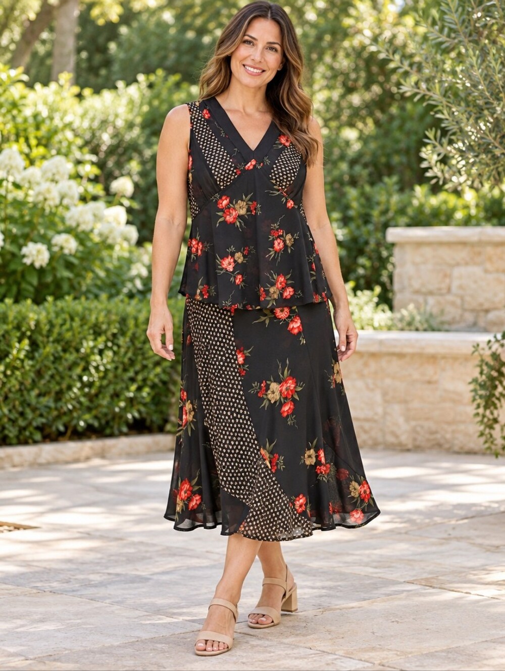 Axcess Liz Claiborne Black Floral Top Large Skirt Size 12 Two Piece Set